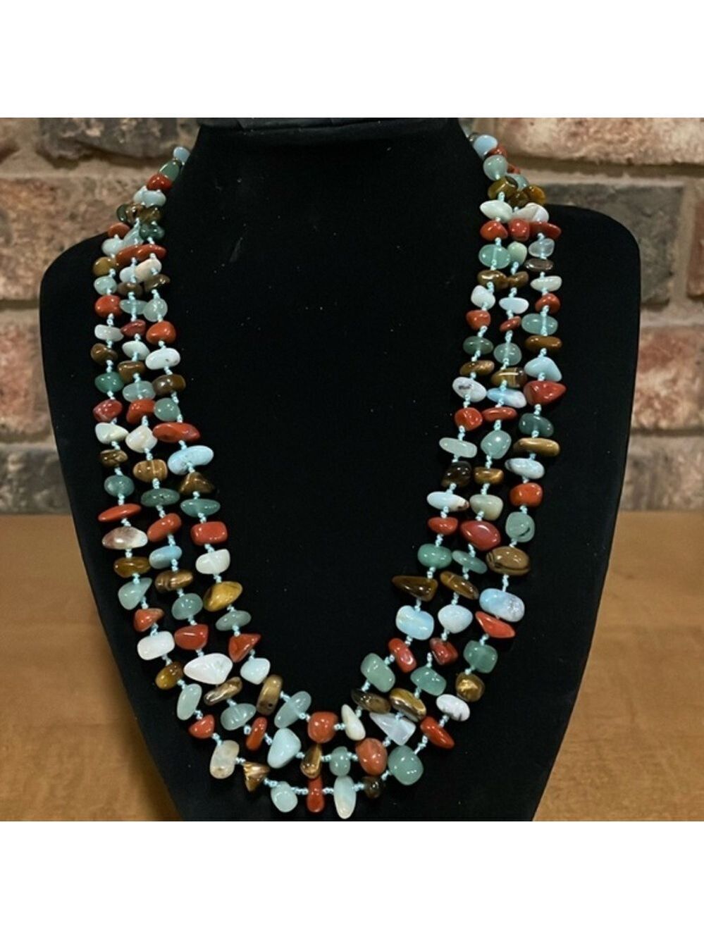 Vintage Natural Jade and Multi Gemstone 3 Strand Chip Bead Necklace